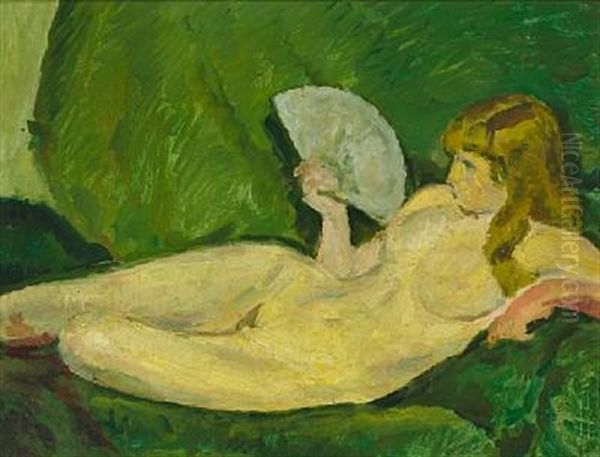 Liggende Model Med Vifte (reclining Woman With A Fan) Oil Painting by Harald Giersing