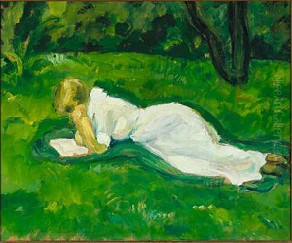 Pige I Lyserodt, Der Ligger I Graesset Og Laeser (girl In Pink, Reading In The Grass) Oil Painting by Harald Giersing