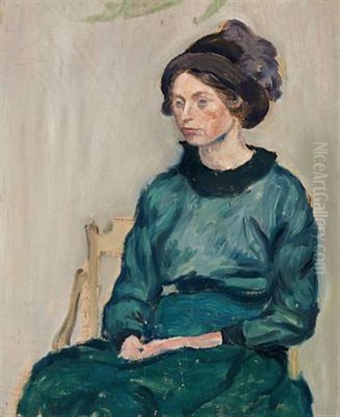 Ung Dame I Gron Kjole (young Lady In A Green Dress - Portrait Of Else Sandholt) Oil Painting by Harald Giersing