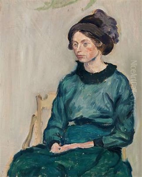 Ung Dame I Gron Kjole (young Lady In A Green Dress - Portrait Of Else Sandholt) Oil Painting by Harald Giersing