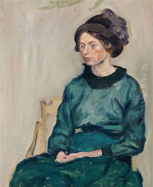 Ung Dame I Gron Kjole (young Lady In A Green Dress) - Portrait Of Else Sandholt Oil Painting by Harald Giersing