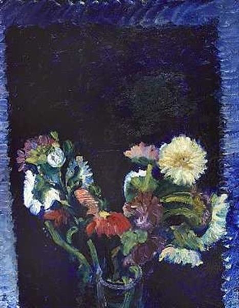 Blomster Pa Bla Baggrund Oil Painting by Harald Giersing