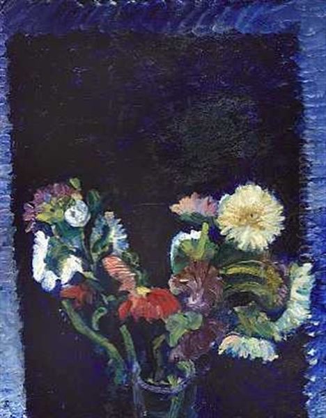 Blomster Med Bla Baggrund Oil Painting by Harald Giersing