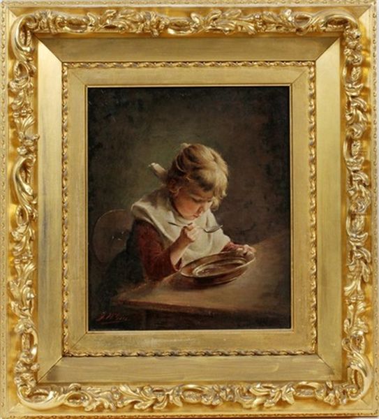 Little Girl Eating Soup Oil Painting by Joseph W. Gies