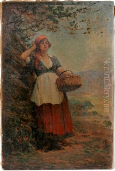 Woman With Basket Near Tree Oil Painting by Joseph W. Gies