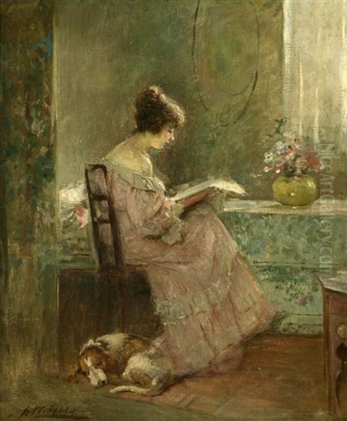 A Young Girl Reading In An Interior In The Sunshine Oil Painting by Joseph W. Gies