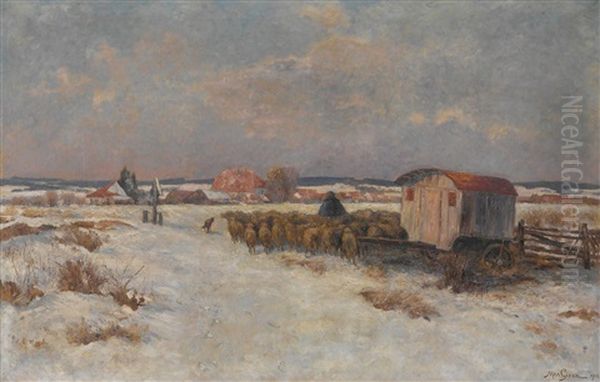 Schafer Im Verschneiten Dachauer Moos Oil Painting by Max Eduard Giese