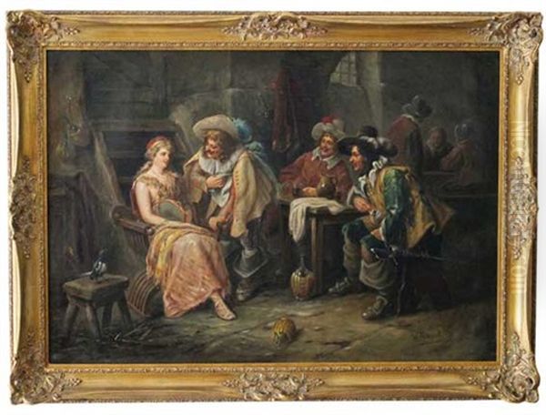 Historisierende Wirtshausszene Mit Weintrinkern Und Tanzerin Mit Tamburin by Wilhelm Giessel