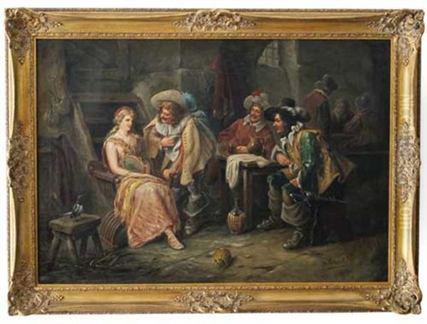 Historisierende Wirtshausszene Mit Weintrinkern Und Tanzerin Mit Tamburin Oil Painting by Wilhelm Giessel