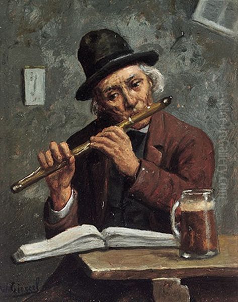 Dorfmusikant Mit Flote Beim Uben Oil Painting by Wilhelm Giessel