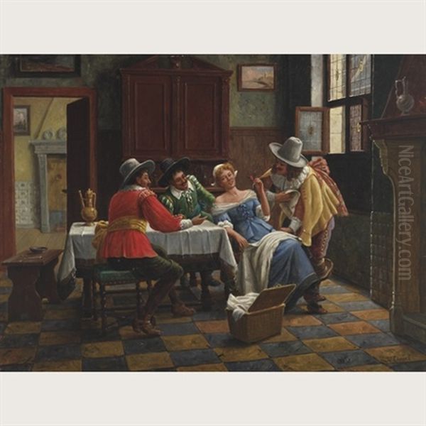 Cavaliers Flirting With A Tavern Maiden Oil Painting by Wilhelm Giessel