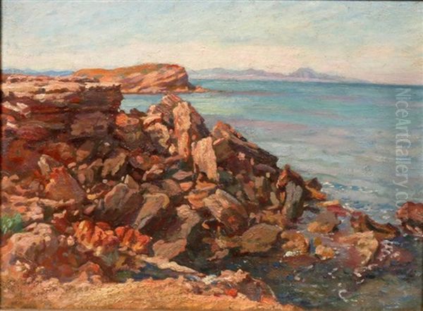 Rochers A Korbous, Golf De Tunis Oil Painting by Leon Giffard