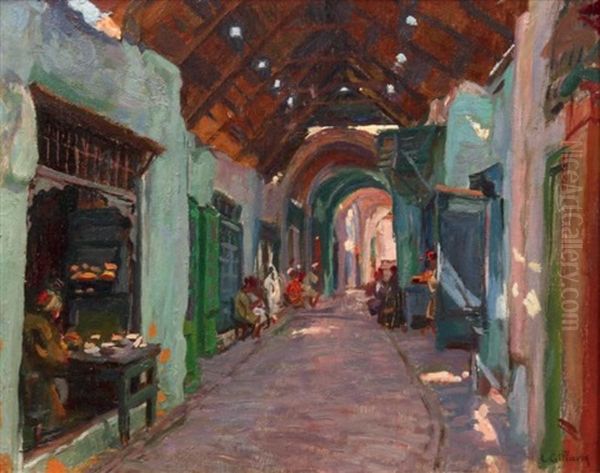 Le Souk Des Esserairia, Tunis Oil Painting by Leon Giffard