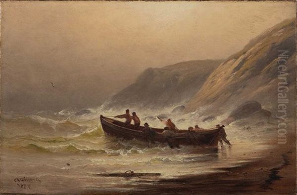 Figures Launching A Boat Oil Painting by Charles Henry Gifford