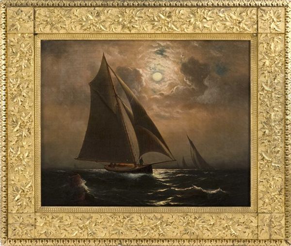 Gaff-rigged Topsail Schooner Under Moonlight Oil Painting by Charles Henry Gifford