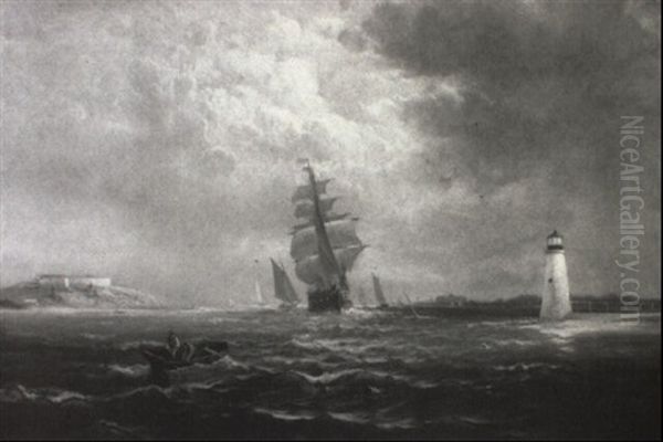 A Full-rigged Ship Leaving New Bedford Harbor Oil Painting by Charles Henry Gifford