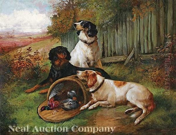 After A Day's Sport: Three Spaniels With A Basket Of Game Oil Painting by John Gifford