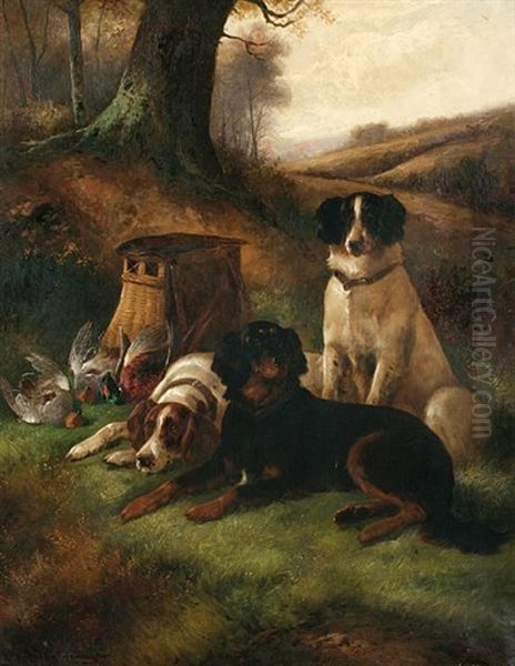 The End Of The Day - Two English And A Gordon Setter Oil Painting by John Gifford