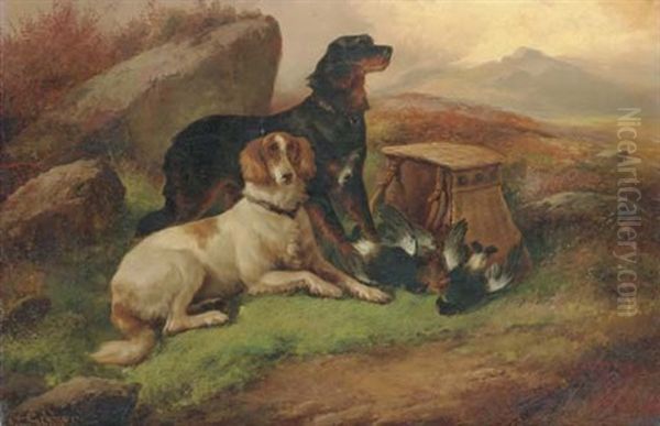 A Gordon And An English Setter With Black Game And Grouse On A Moor Oil Painting by John Gifford