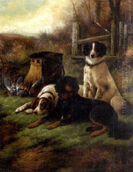 Hunting Dogs In A Landscape With Dead Game And Creel Oil Painting by John Gifford