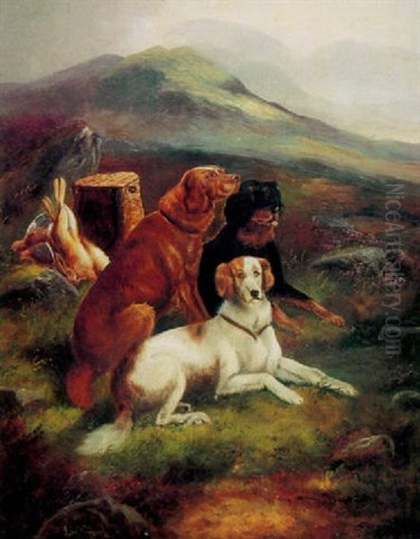 A Mountainous Landscape With Three Gun Dogs And A Basket Of Game Behind Oil Painting by John Gifford