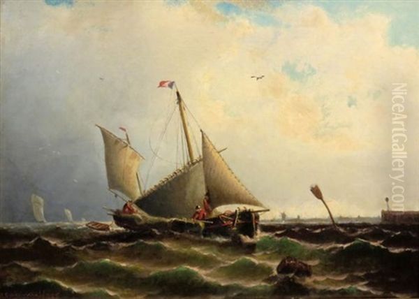 Ship At Sea In Battle Oil Painting by Robert Swain Gifford