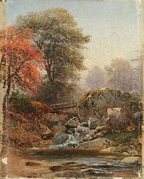 Cascade With Footbridge (+ Mountain Overlook, Smllr; 2 Works) Oil Painting by Sanford Robinson Gifford