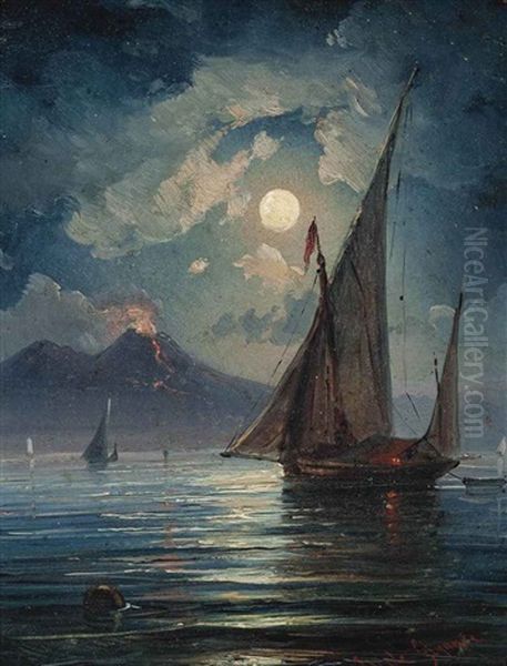 Vessels Before Vesuvius At Night Oil Painting by Ercole Gigante