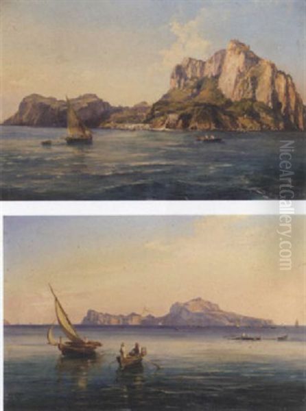 Fishing Craft Off The Island Of Capri Oil Painting by Ercole Gigante