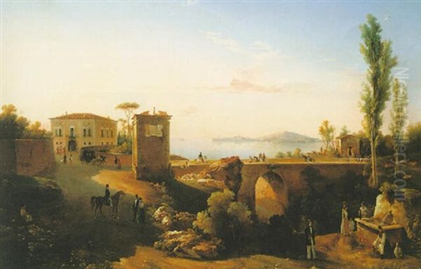 Neapolitan Coastal Landscape Oil Painting by Ercole Gigante