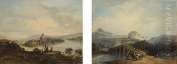 Vue De La Cote Amalfitaine (+ Paysage Au Pont; Pair) Oil Painting by Gaetano Gigante