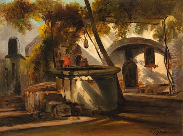 Hof Mit Brunnen (sorrent) Oil Painting by Giacinto Gigante