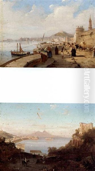 Naples, A View Of The Harbour From The Carmine Looking Towards The Palazzo Di Capodimonte (+ Naples, A View Of The Bay Of Posillipo Looking Towards The Castel Dell'oro; Pair) Oil Painting by Giacinto Gigante