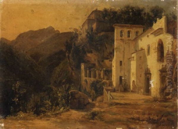 A Hillside Town Near Amalfi With A Church In The Foreground Oil Painting by Giacinto Gigante