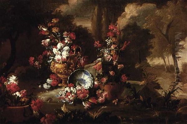 Still Life Of Flowers In A Landscape Oil Painting by Anna Caterina Gigli