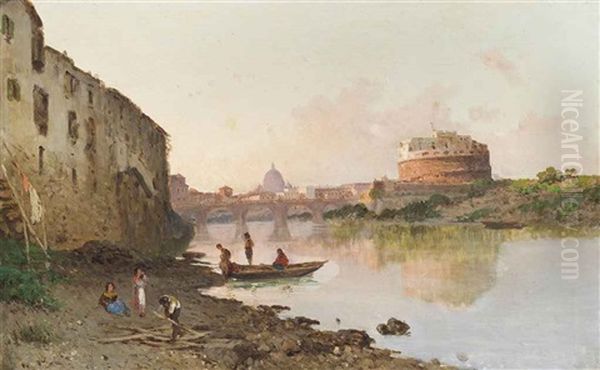 The Tiber At The Castel Sant Angelo Oil Painting by Eugenio Gignous