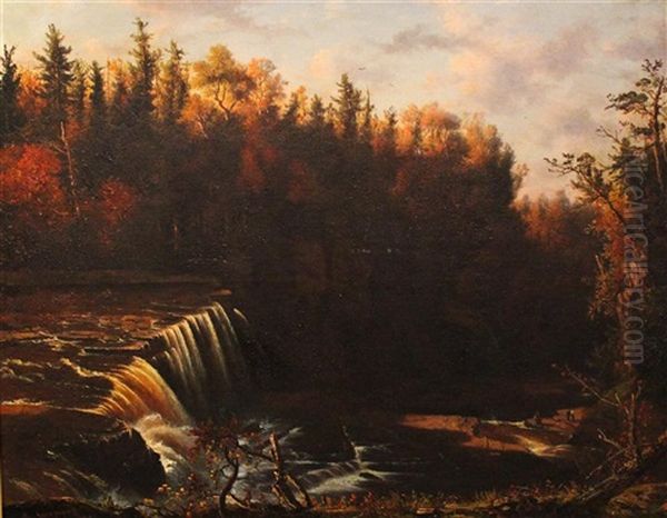 Autumn Landscape With Waterfall Oil Painting by Regis Francois Gignoux