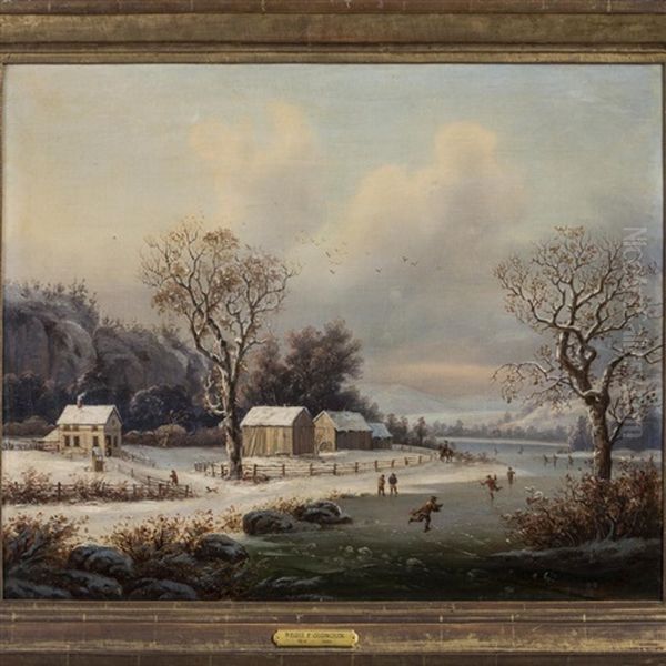 Winter Skating Scene In New England Oil Painting by Regis Francois Gignoux