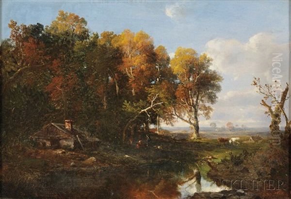 Autumn Landscape With Cows Oil Painting by Regis Francois Gignoux