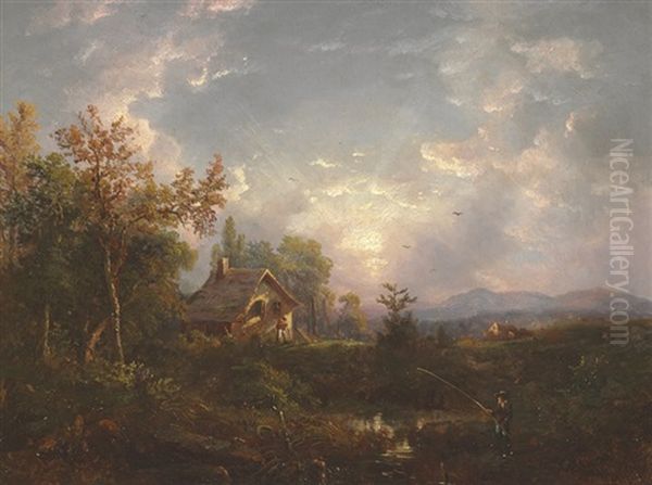 Landscape With Man Fishing Oil Painting by Regis Francois Gignoux