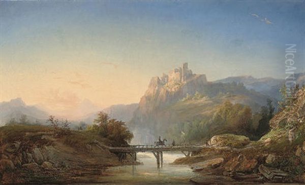 Travellers Crossing A Bridge Before A Ruined Citadel Oil Painting by Regis Francois Gignoux