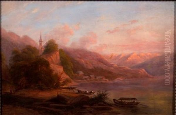 Mountain Lake Scene Oil Painting by Regis Francois Gignoux