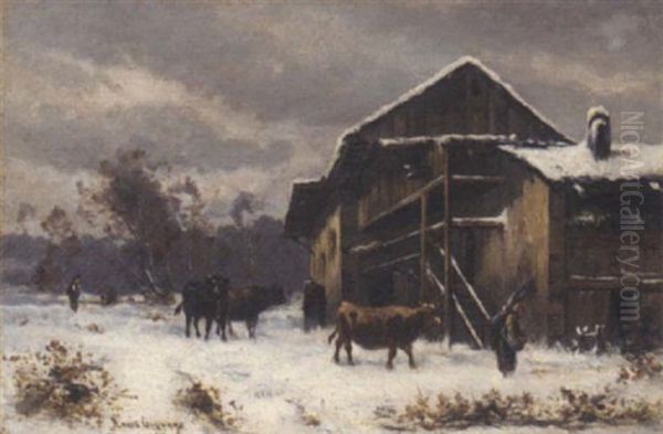 Winter On The Farm Oil Painting by Regis Francois Gignoux