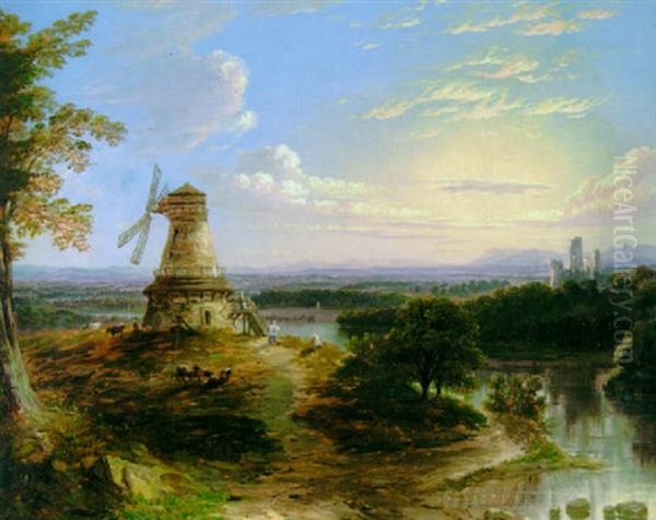 Luminist Landscape With Windmill Oil Painting by Regis Francois Gignoux