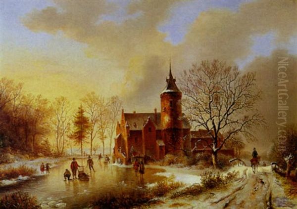 A Winter Landscape With Figures Skating By A House Oil Painting by Regis Francois Gignoux