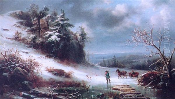 Winter Hunt Along The Frozen River (hudson?) Oil Painting by Regis Francois Gignoux