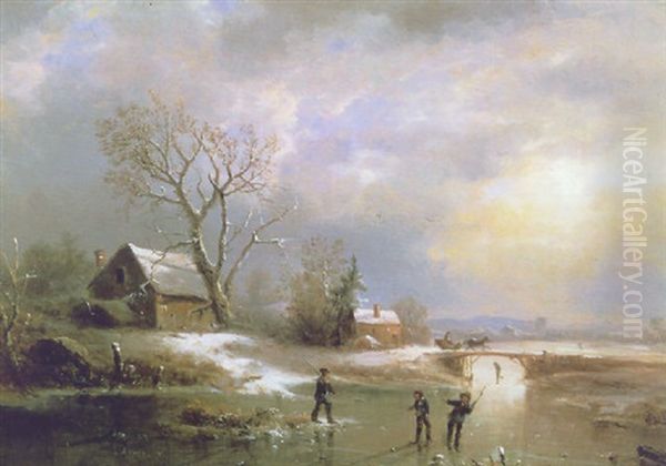 Ice Skating Oil Painting by Regis Francois Gignoux