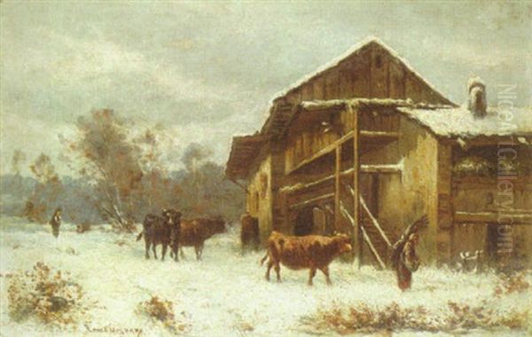 Winter On The Farm Oil Painting by Regis Francois Gignoux