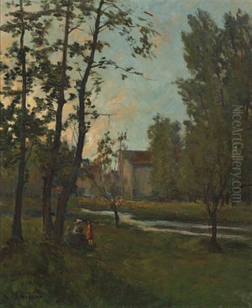 Figures By A River Oil Painting by Clarence Montfort Gihon