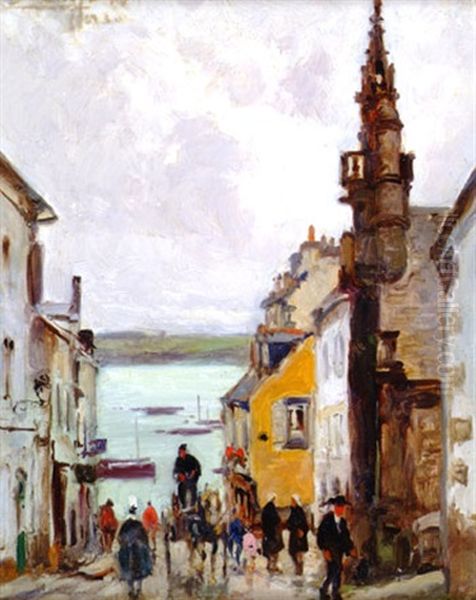 Douarnenez La Rue Monte Au Ciel Oil Painting by Clarence Montfort Gihon